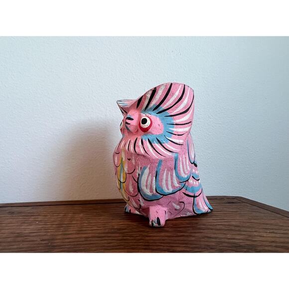 Quirky Hand Carved Owl Figurine Pink Folk Art 3.25" Trinket Small Gift Idea - Picture 3 of 8